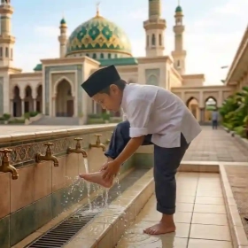 membasuh kaki kanan dan kiri sampai mata kaki 3 kali